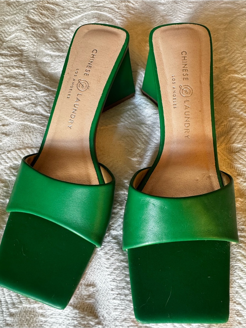Chinese Laundry Emerald Green Leather Square-Toe Slide Heels